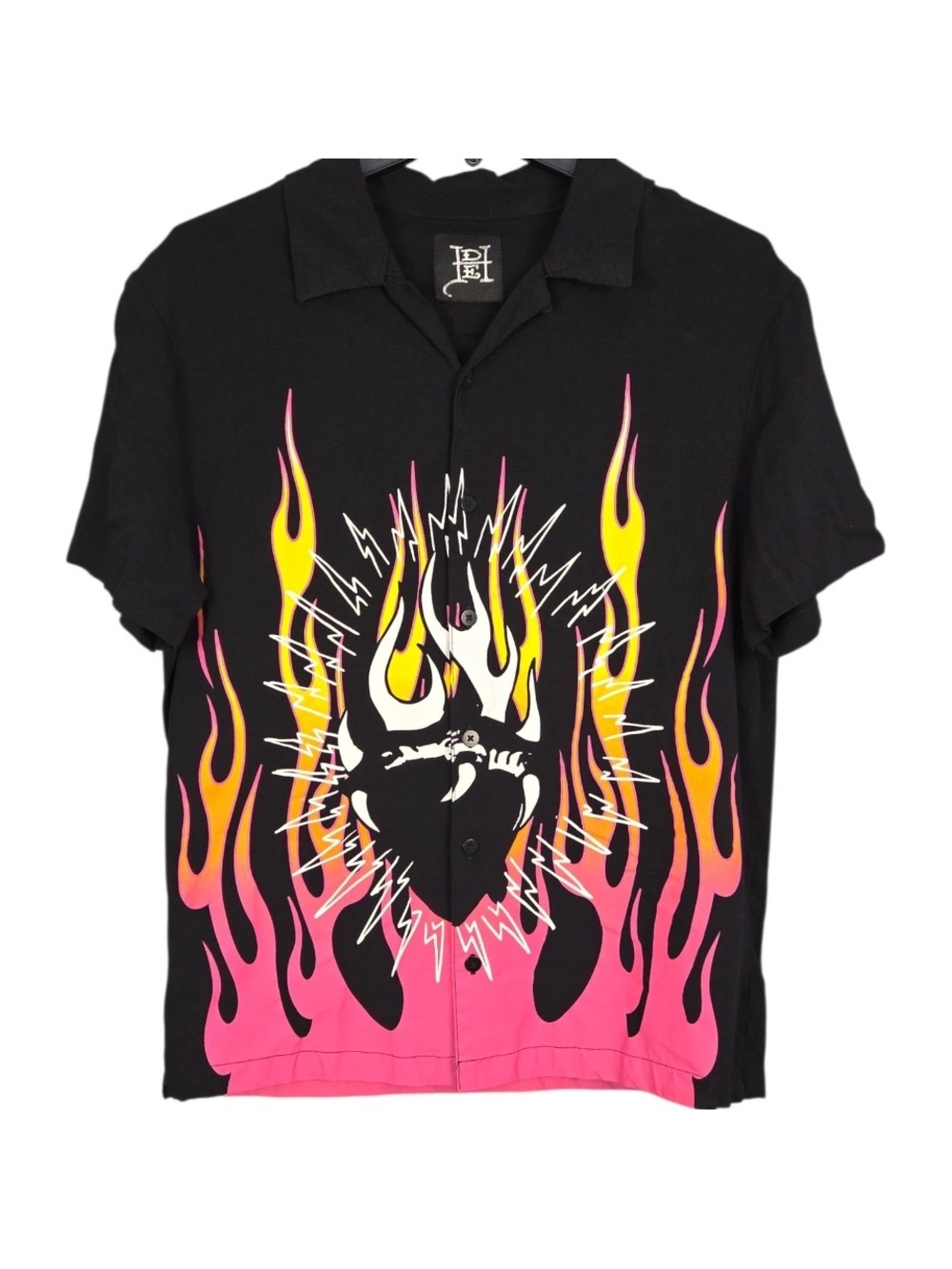 Ed Hardy Black Short-Sleeve Shirt with Pink & Yellow Flame Graphic NWT